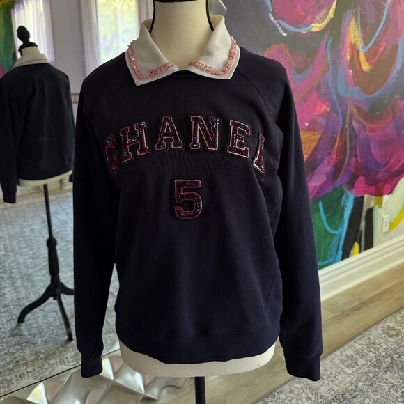 CHANEL Chanel 5 Logo Long Sleeve Sweatshirt in Navy with White Collar - Picture 1 of 2